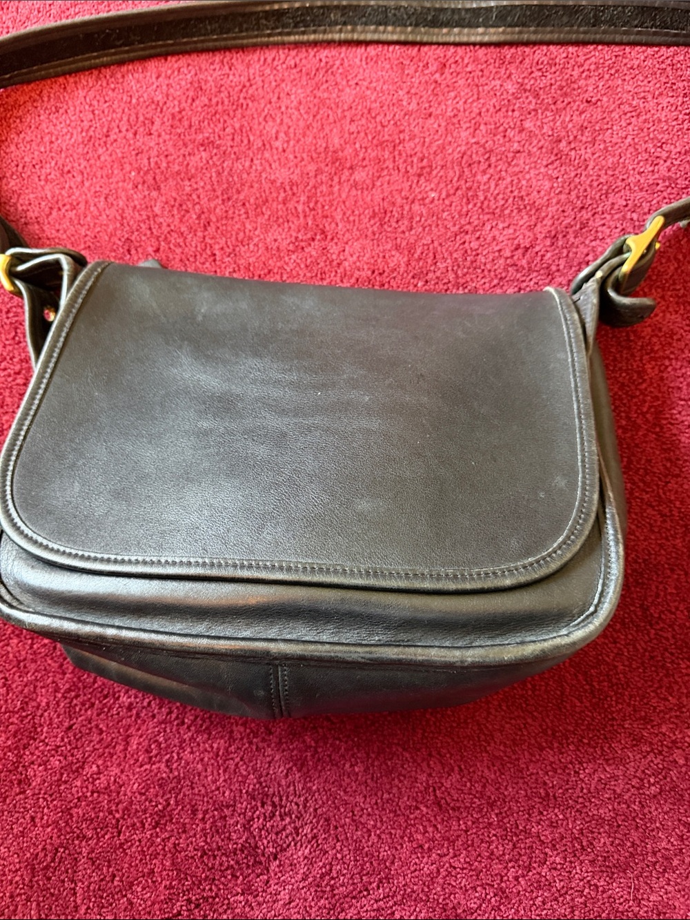 Vintage Black Leather Messenger Bag with Brass Hardware